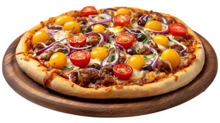 Delicious meat and cherry tomato pizza topped with red onion and olives isolated on transparent background