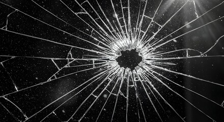 Abstract black and white close-up macro shot of shattered glass with a central impact point, showing intricate radial cracks and sharp fragments creating a dramatic texture