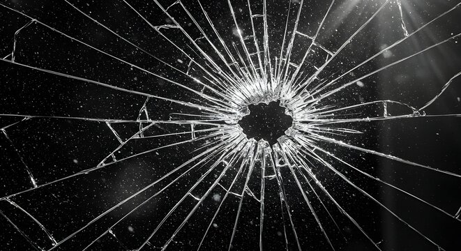 Abstract black and white close-up macro shot of shattered glass with a central impact point, showing intricate radial cracks and sharp fragments creating a dramatic texture
