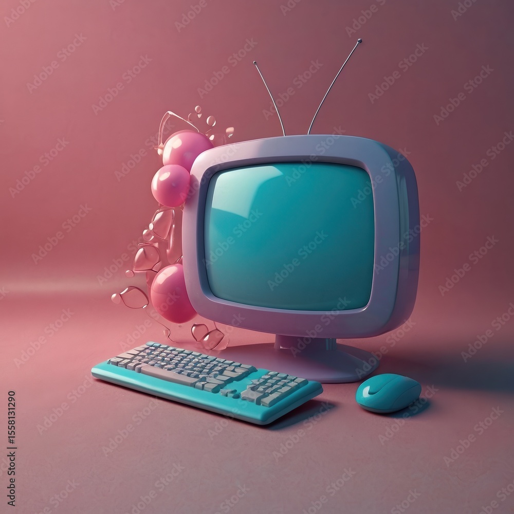 Fototapete Retro computer setup with keyboard mouse and balloons on a pink background in a stylized design