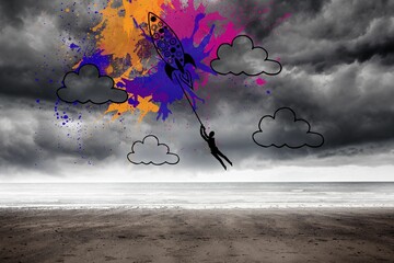 Rocket on splashes over stormy background