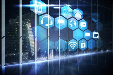 Hologram interface in office overlooking city
