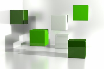 Six glossy green and off-white 3D cubes are resting on reflective white floor in seamless backdrop
