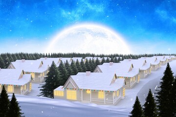 Row of holiday cabins is glowing in vector flat design winter night scene, with string lights