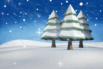 Cluster of three snow-covered pines is standing in flat winter night with snowflakes, copy space