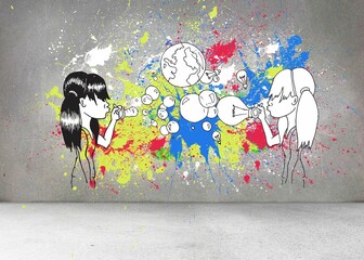Grey wall with illustrations and splashes