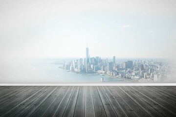 Displaying empty room featuring dark hardwood floor, panoramic coastal skyline mural in flat design