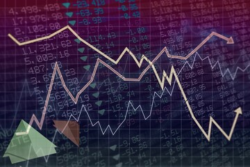Displaying CG financial line chart over dark grid, showing colored lines, stock values, arrow icons
