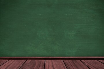 Flat design green chalkboard is featuring scratch marks above wooden baseboard on wood plank floor
