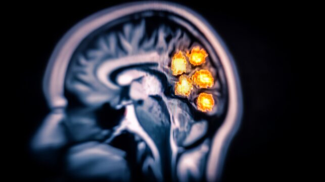 Close-up of neurological MRI scan showing white matter lesions, representing multiple sclerosis diagnosis and brain disease research, medical concept with copy space.