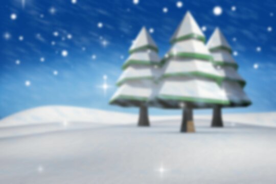 Fototapeta Cluster of three snow-covered pines is standing in flat winter night with snowflakes, copy space