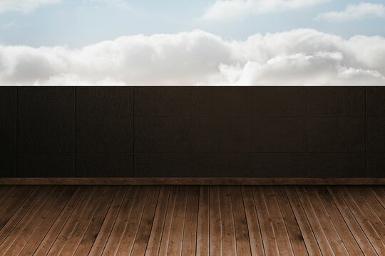 Fototapeta Empty wooden deck floor is showing flat design with dark textured wall panels and cloudy sky