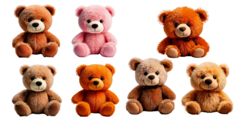 Colorful Collection of Plush Teddy Bears in Various Shades and Sizes, Isolated on Transparent, white background