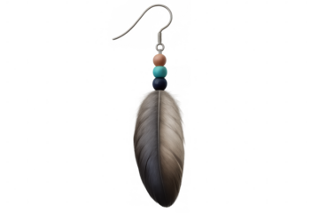 Delicate feather earring highlighting intricate beadwork, captured in professional studio setting with transparent backdrop