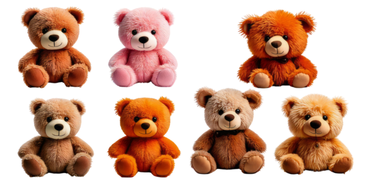 Colorful Collection of Plush Teddy Bears in Various Shades and Sizes, Isolated on Transparent, white background