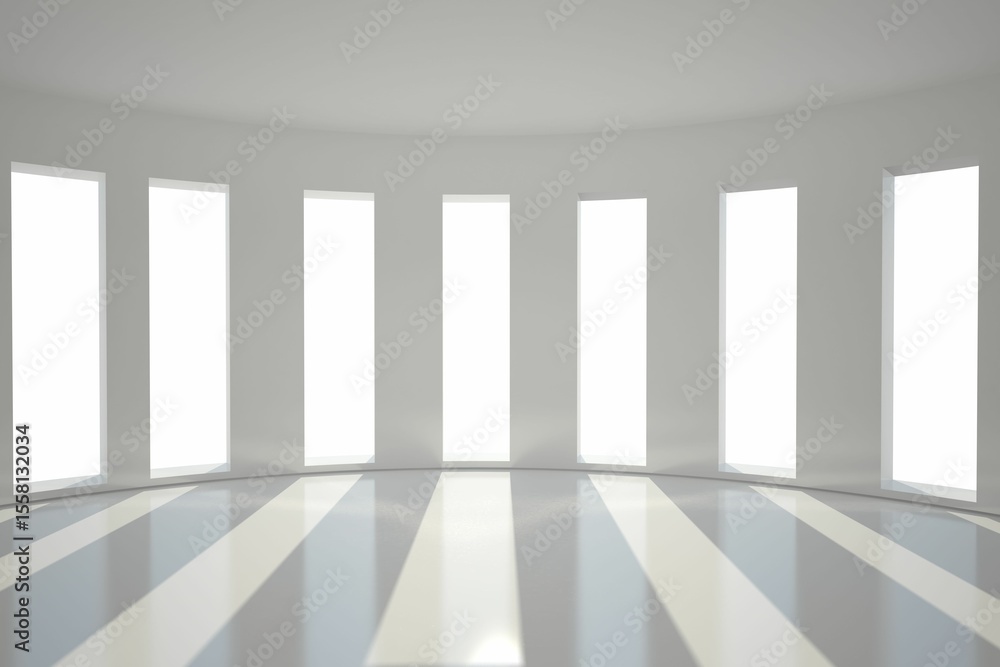 Aufkleber flat design curved hall is showing seven tall windows casting parallel light beams on glossy floor