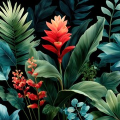 Tropical flower bouquet on black background