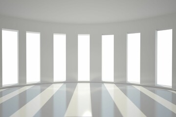 Flat design curved hall is showing seven tall windows casting parallel light beams on glossy floor