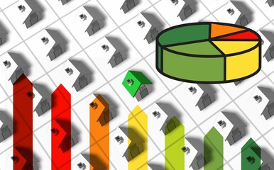 Pie charts against illustration of house