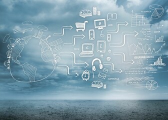 Global e-commerce flow concept is appearing over ocean seascape with white hand drawn infographics