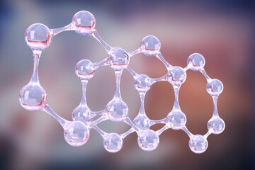 Translucent molecular model is floating in 3D render, featuring glass-like spheres and rods