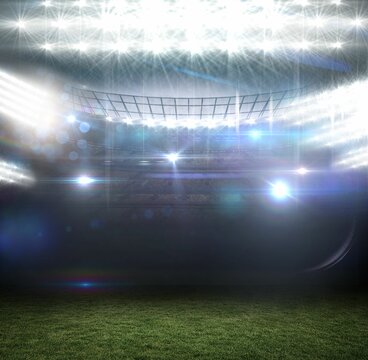 Empty sports stadium is being shown in 3D render, floodlights, lens flares, grass pitch