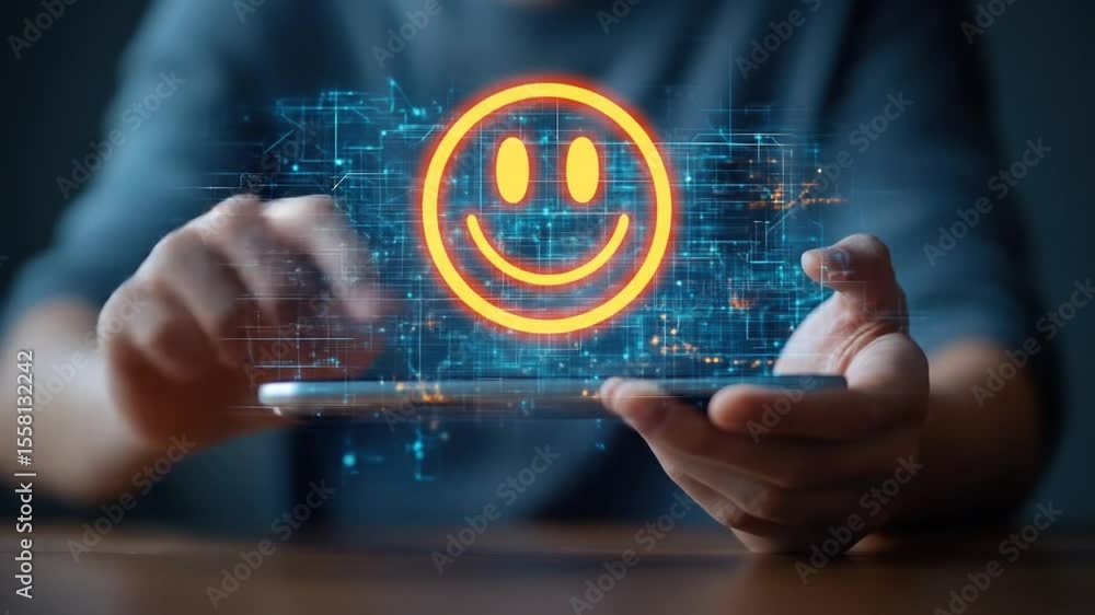 Poster hands interacting with a smartphone, displaying a superimposed smiley face and digital circuit overl