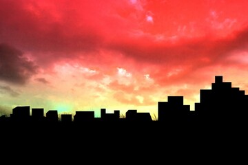 Cityscape stencil on red sky