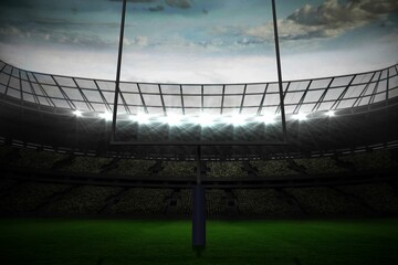 Flat design is showing football goalpost with padded base on turf under floodlit canopy with seats