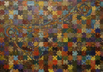 Fototapeta premium Patchwork Chameleon A Mosaic of Colors and Textures in a Whimsical Art Piece, a Captivating Composition