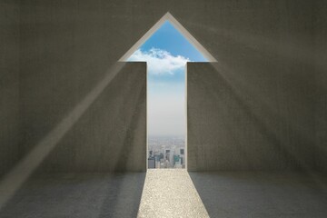 Flat design showing arrow-shaped concrete chamber opening revealing skyline and casting light beam