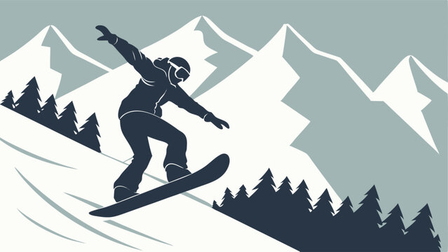 Silhouette of a snowboarder in action against a backdrop of snow covered mountains and evergreen trees