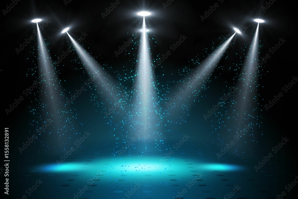 Poster 3d render stage is being illuminated by overhead spotlights with teal particles on glossy floor