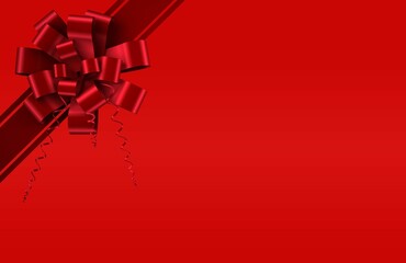 Glossy red bow is sitting on diagonal satin ribbon with curled tails over flat gradient background