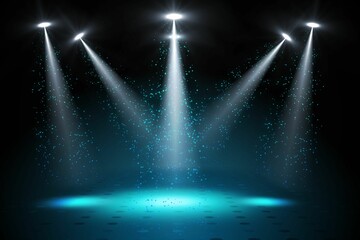 3D render stage is being illuminated by overhead spotlights with teal particles on glossy floor