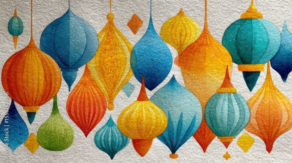 Poster intricately designed lanterns in various shapes and colors are artistically arranged against a textu