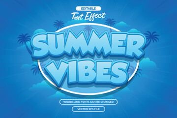 Summer vibes editable text effect with 3d blue cartoon text