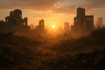 Obraz premium Ethereal Sunrise Over Ruined Cityscape with Silhouetted Buildings and Dramatic Sky, Capturing the Beauty Amidst Devastation and Hope for Renewal