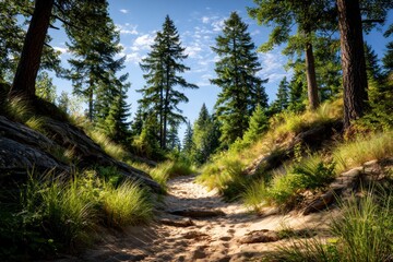Fototapeta premium Sunny forest path through sand dunes
