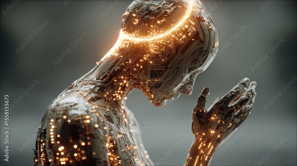 Poster a humanoid robot figure stands in a contemplative pose, showcasing intricate circuitry and glowing e