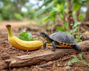 Naklejka premium Turtle near banana