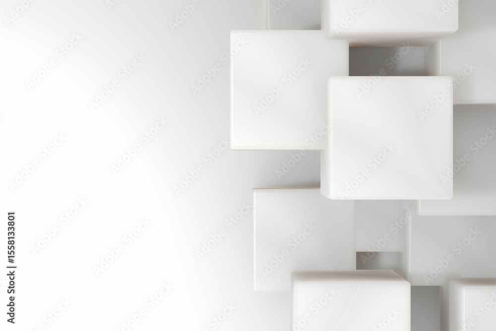 Poster cluster of white 3d cubes is casting soft shadows in minimalist gradient render, copy space