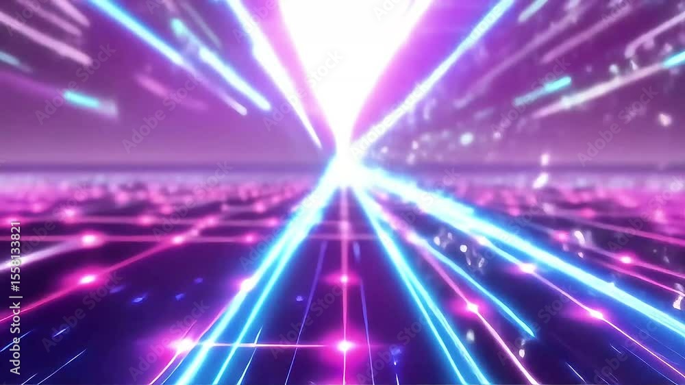 Poster dynamic neon light trails through a digital landscape