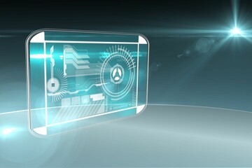 Floating holographic display on reflective surface showing cyan-white gauge, data bars lens flares