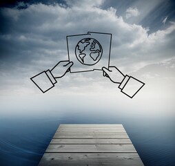World graphic on paper over ocean