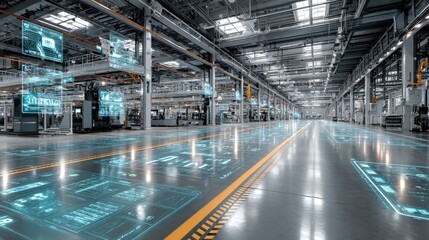 A spacious industrial manufacturing facility features advanced machinery and digital interfaces projecting data onto the polished concrete floor, illustrating modern production processes in action.
