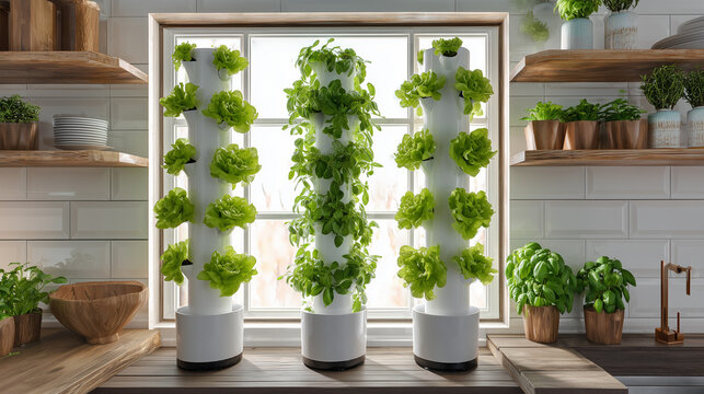 Vertical garden towers with fresh herbs