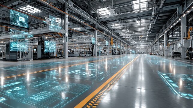 A spacious industrial manufacturing facility features advanced machinery and digital interfaces projecting data onto the polished concrete floor, illustrating modern production processes in action.