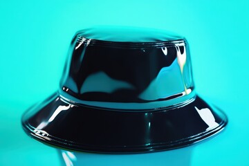 Fototapeta premium Close-up of a glossy black bucket hat.