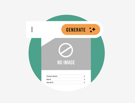 AI product image generation for e-commerce listings with missing photo. Creative AI interface to generate product visuals with AI product image generation tool. Flat isolated vector illustration